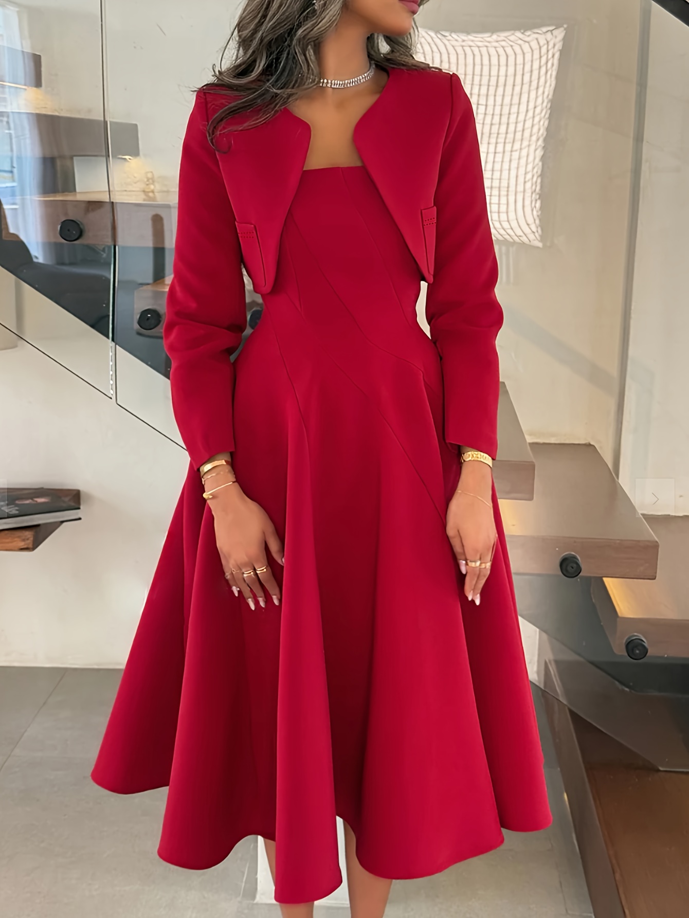 womens elegant red camisole dress short jacket set casual Temu Oman