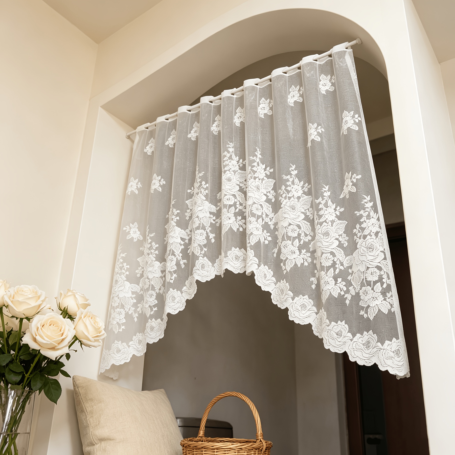TEMU 1pc Small Window Curtain Sheer Decor For Rv, Rod-pocket Semi-transparent, Suitable For Bedroom/kitchen/living Room/study/doorway. , Floral