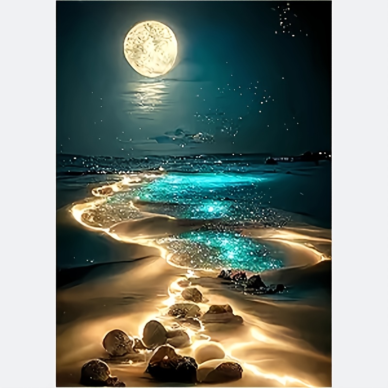 

Moonlit Beach 5d Diamond Painting Kit For Adults, Round Diamond Landscape Art Set For Beginners, Home Wall Decor Canvas 30x40cm