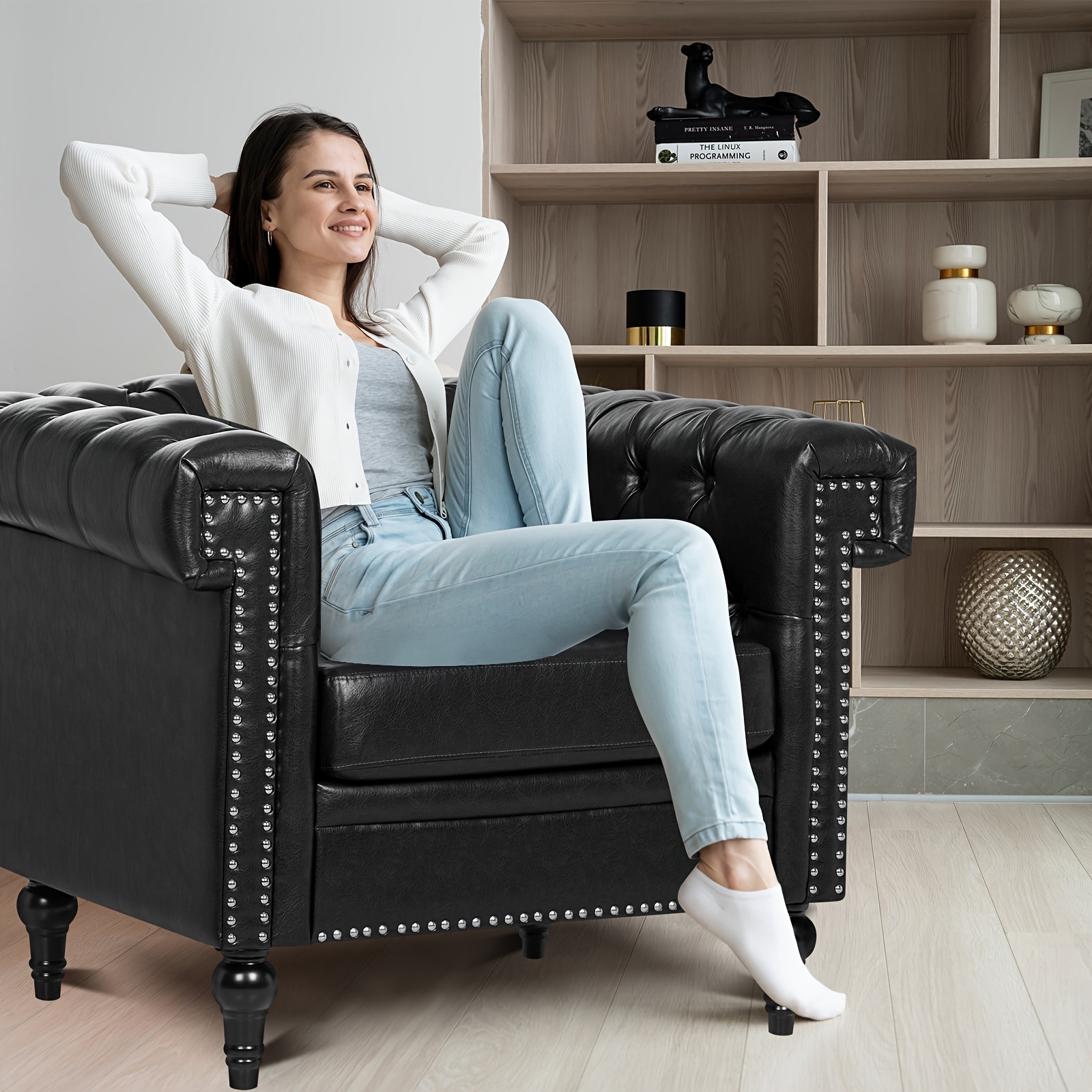 

Black Pu Button Tufted With Nail Head Chair