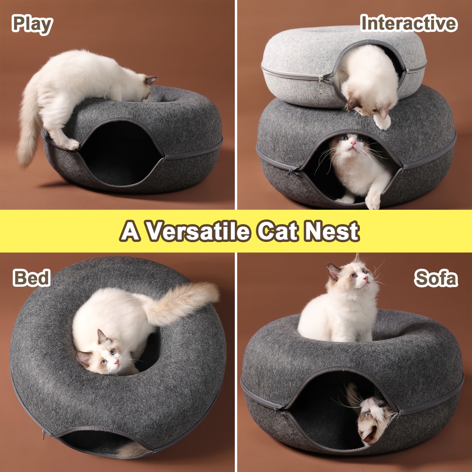 

Cozy Wool Felt Cat Tunnel Bed - Indoor Play & Nest With Zippered Design For , Artistic Decor Style, Customized For Cat Behavior, Spacious