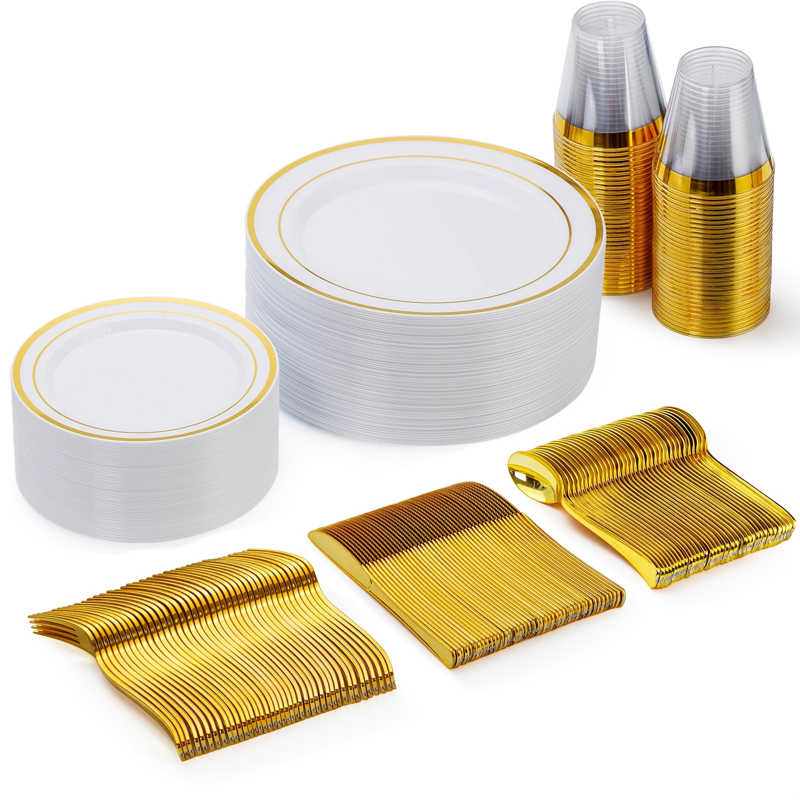 TEMU 150pcs Pack Elegant Washable Disposable Dinnerware Plates Suitable For 25 Guests - Plastic Plates With Salad Spoons, Forks, Knives & Cups For