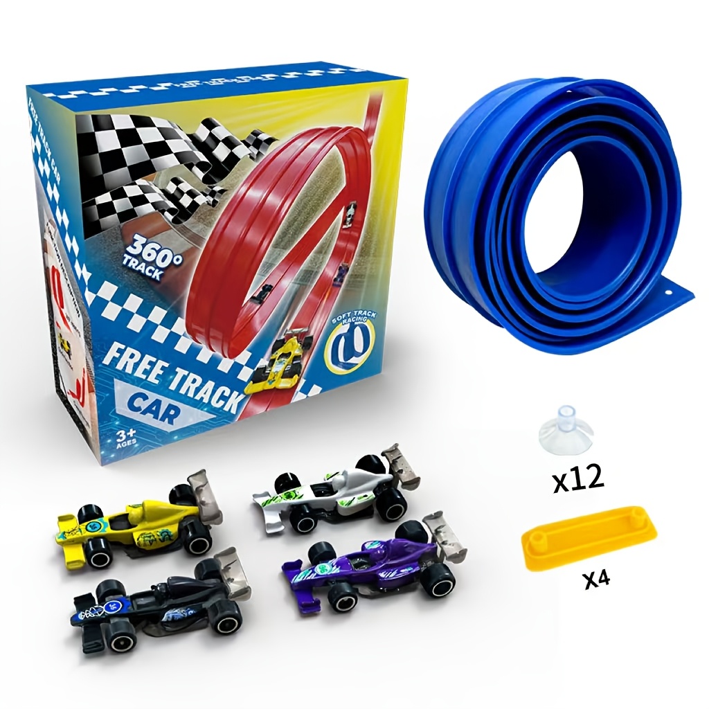 TEMU Flexible Racing Track Toy Set, Includes 4 Cartoon Race Cars, A 360° , Suction Cups, And Connectors. Suitable For Indoor/outdoor Game Sets,