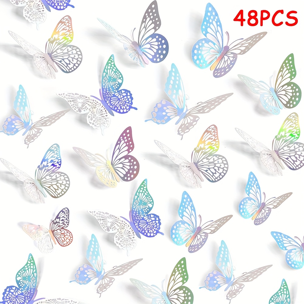 E-shop 48 Stück 3D Schmetterlings-Wanddekorationen – 4 Stile & 3 Größen, Wiederverwendbare Selbstklebende Abziehbare Aufkleber mit Glitzerndem