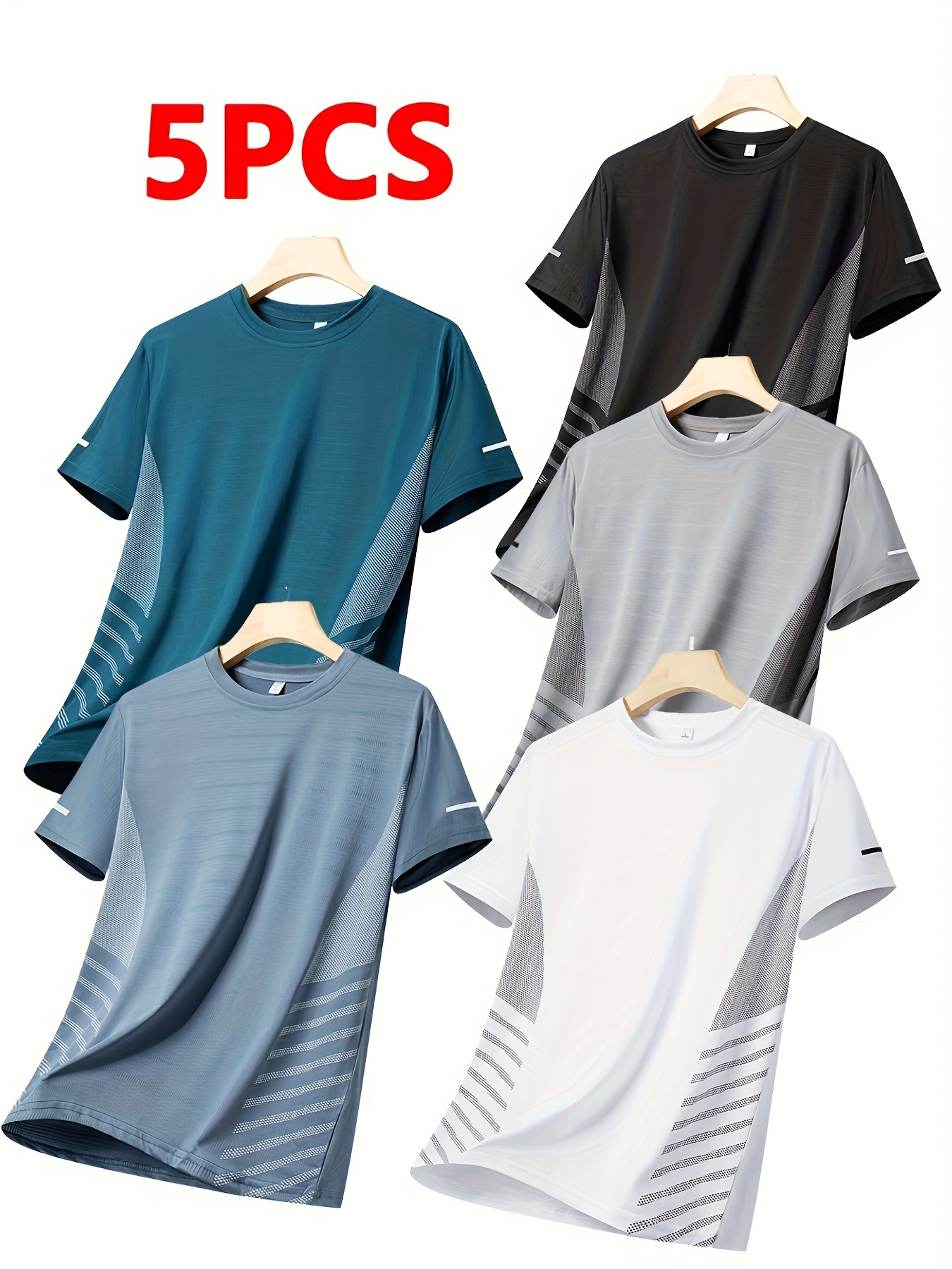 5pcs mens sweat absorbent quick dry athletic t shirts breathable stretch fabric geometric   regular fit short sleeve tees for running gym casual wear multiple colors workout shirts stretchable fabric