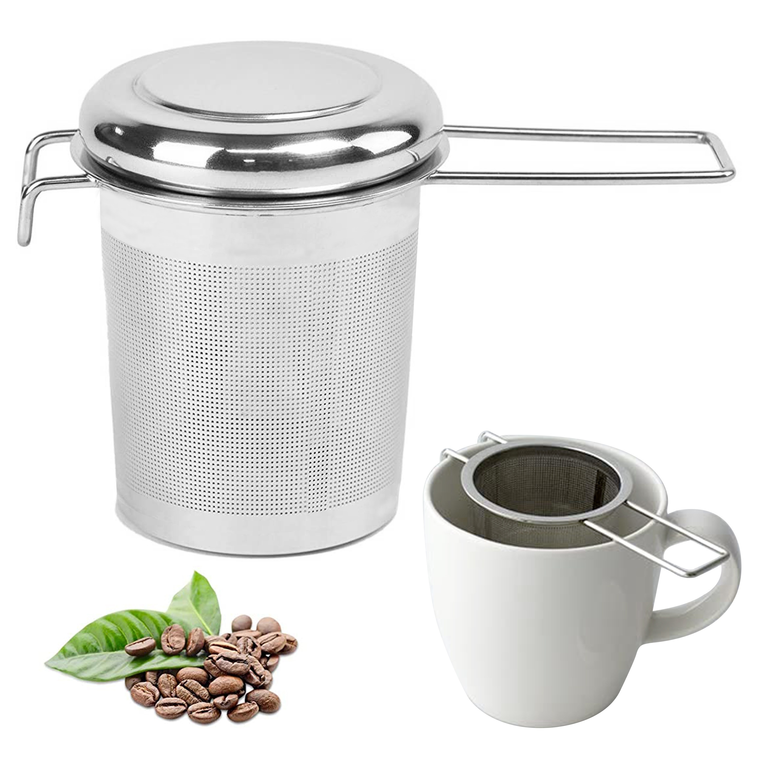 Infusor de té, infusor de café, filtro de té con tapa para té de hojas  sueltas, 2 piezas plegables de acero inoxidable de mango largo para colgar  en