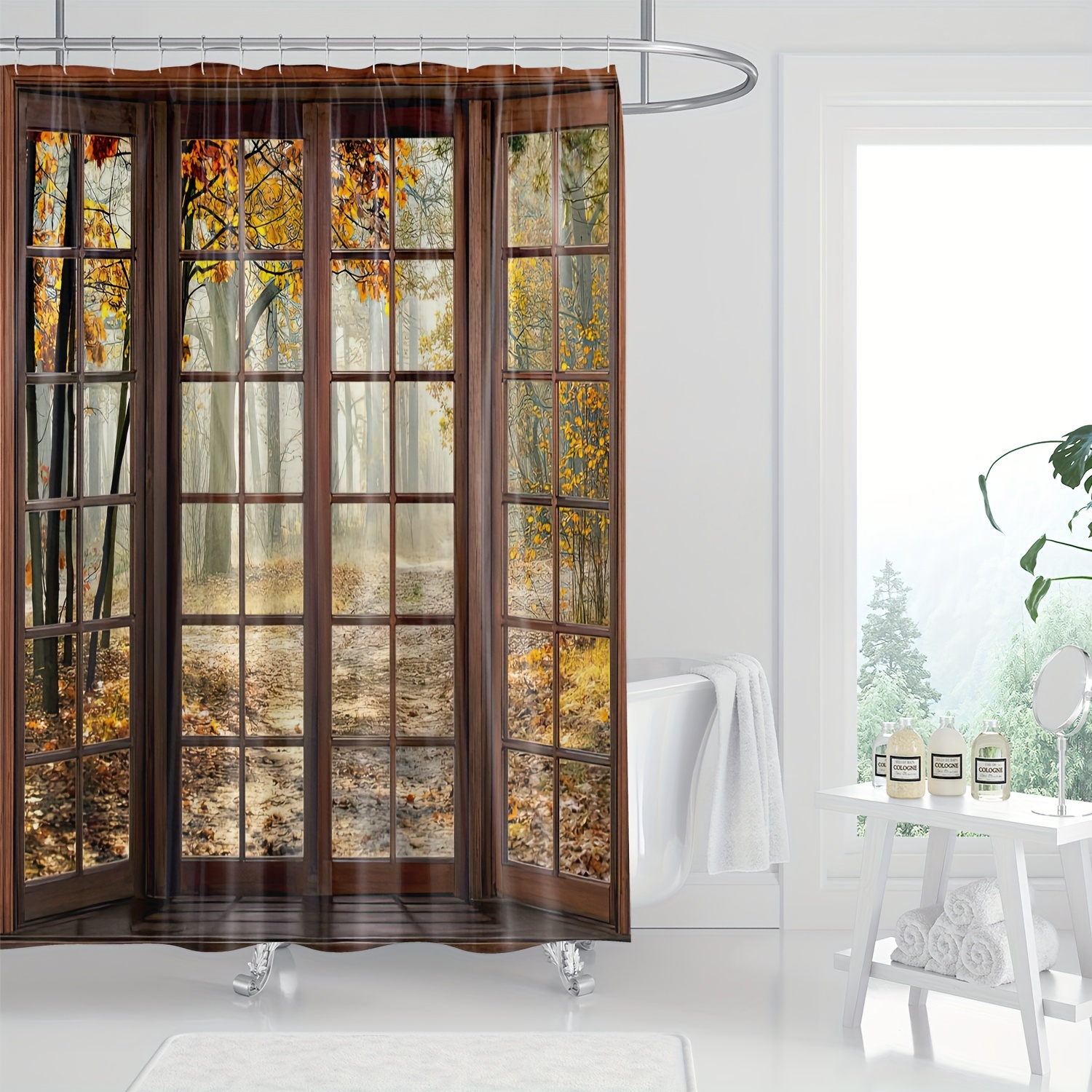 

1pc Forest Glass Door Pattern Shower Curtain, Waterproof Shower Curtain With Hooks, Bathroom Partition, Bathroom Accessories, Home Decor