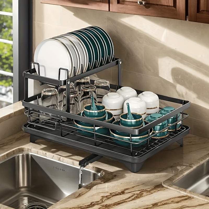 2-tier Black Iron Kitchen Counter And Sink Dish Rack, Large Capacity Storage Rack With , Utensil Holder And Cup Hooks - Collapsible Design, Efficient Space Storage For Plates, Bowls, Pots And Utensils