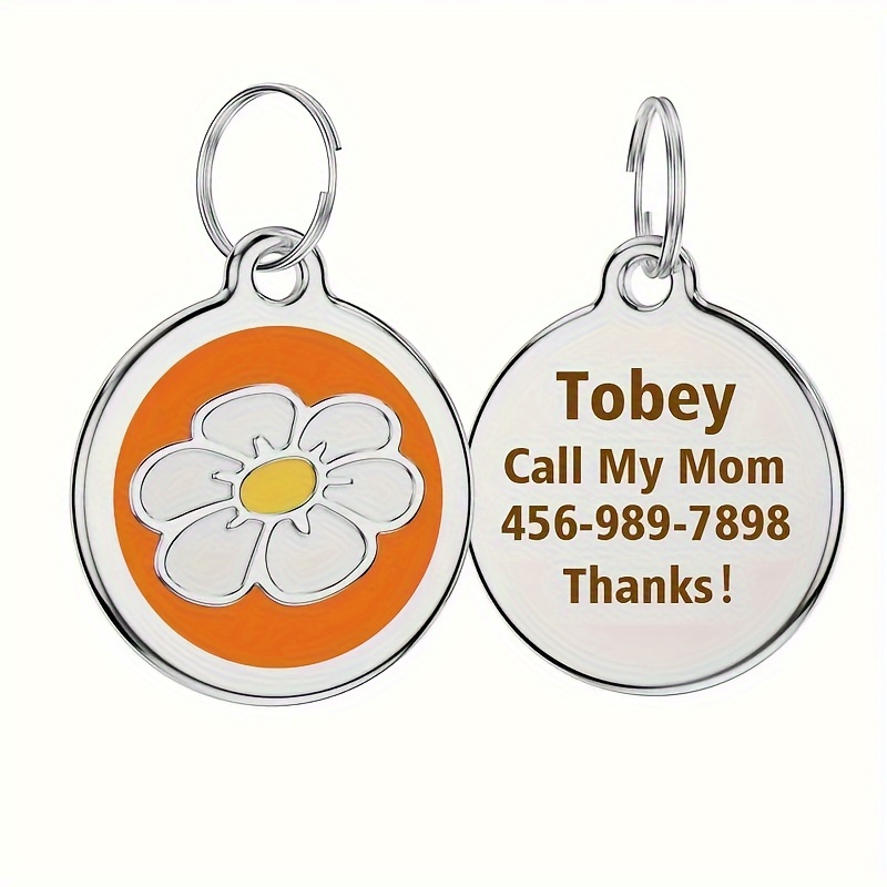 1pc Personalized Engraved Dog ID Tag • Round Cute Flower Pet ID Tag for Dogs and Cats • With Name & Phone Number • Perfect Gift for Small to Medium-Sized Puppies