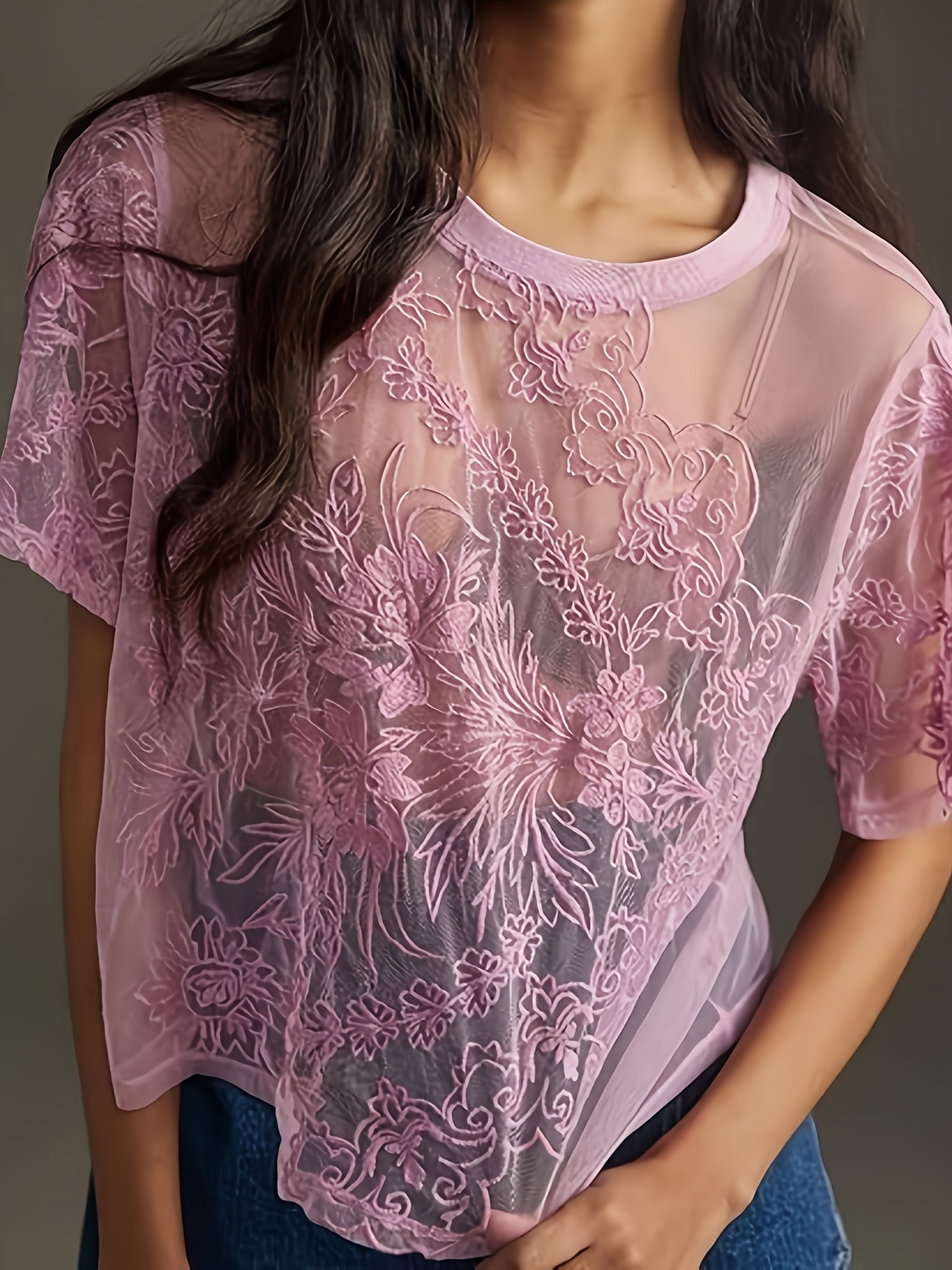 lace mesh top women short sleeve floral embroidered sheer - Temu
