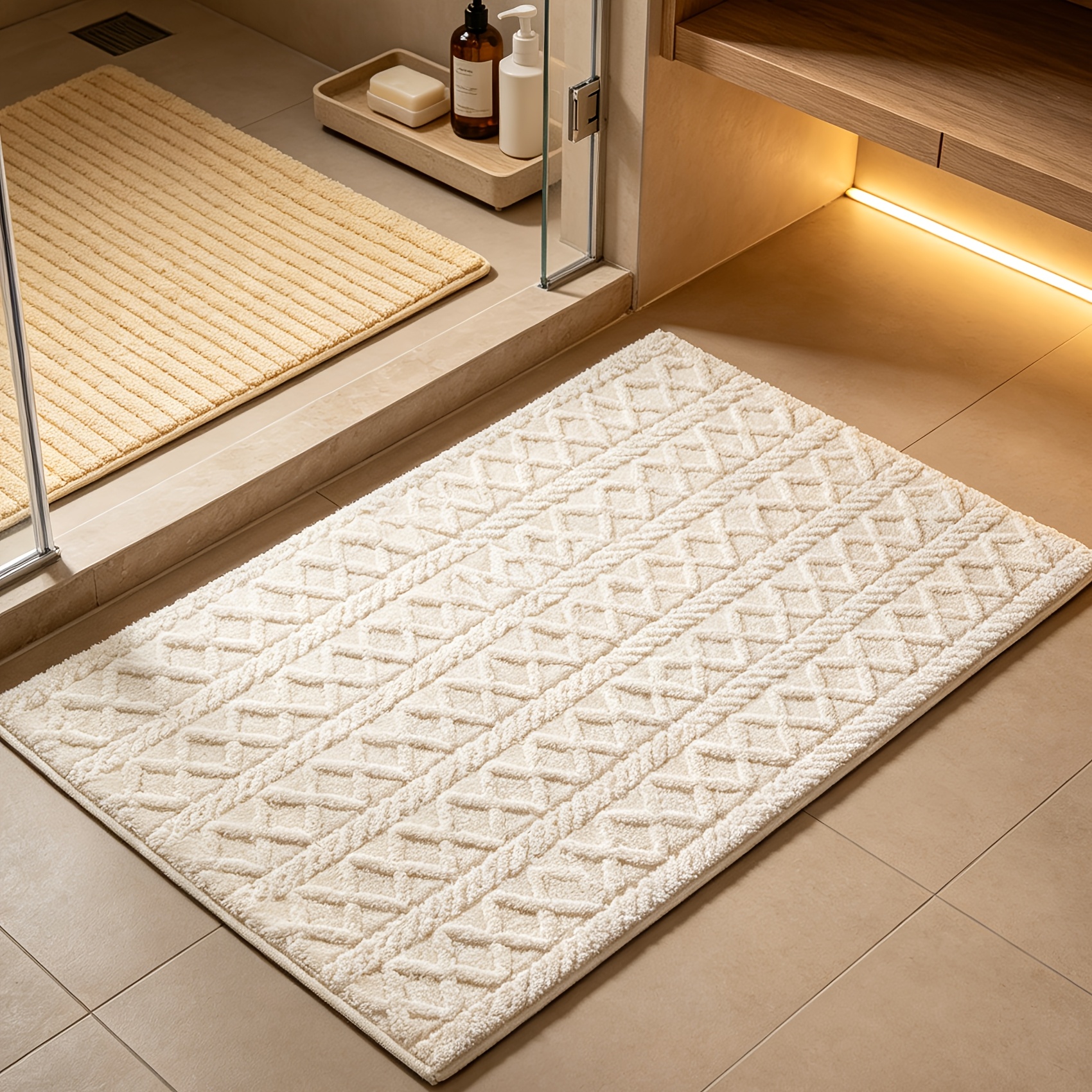 TEMU A Soft 3d Flocked Beige Bathroom Rug, Machine-washable For Home Use, Suitable For Bathrooms, Showers, Laundry Rooms, Indoor Decorative Mat,