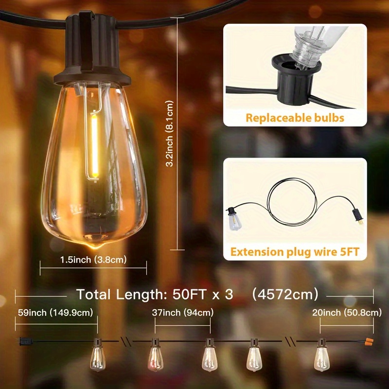 IP44 Dimmable Warm White LED Outdoor String Lights with Shatter-Resistant ST38 Bulbs, Multiple Lengths 50 to 200 ft