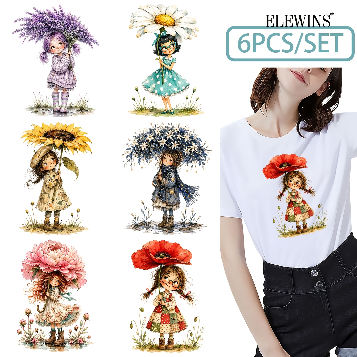 TEMU 6 Sheets Watercolor Flower Umbrella Girls Iron On Transfers, Dtf Transfers Ready To Press Iron On. Ideal For T-shirts, Hoodies, Jeans, Backpacks