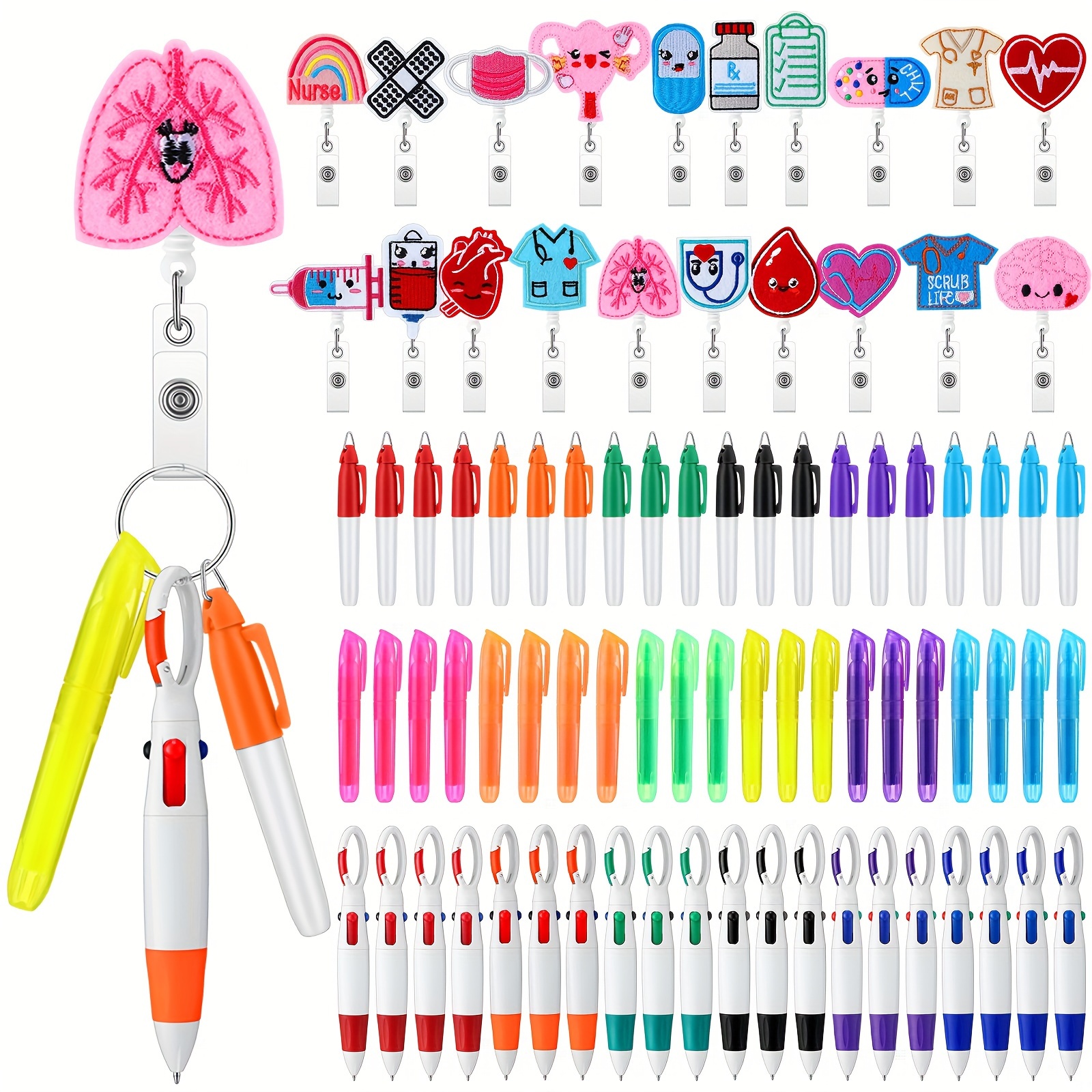 TEMU Patelai 80pcs Nursing Pens And Badge Reel Set - Retractable Name Reels, Ballpoint Pens, Permanent Marker Pens, Highlighters -