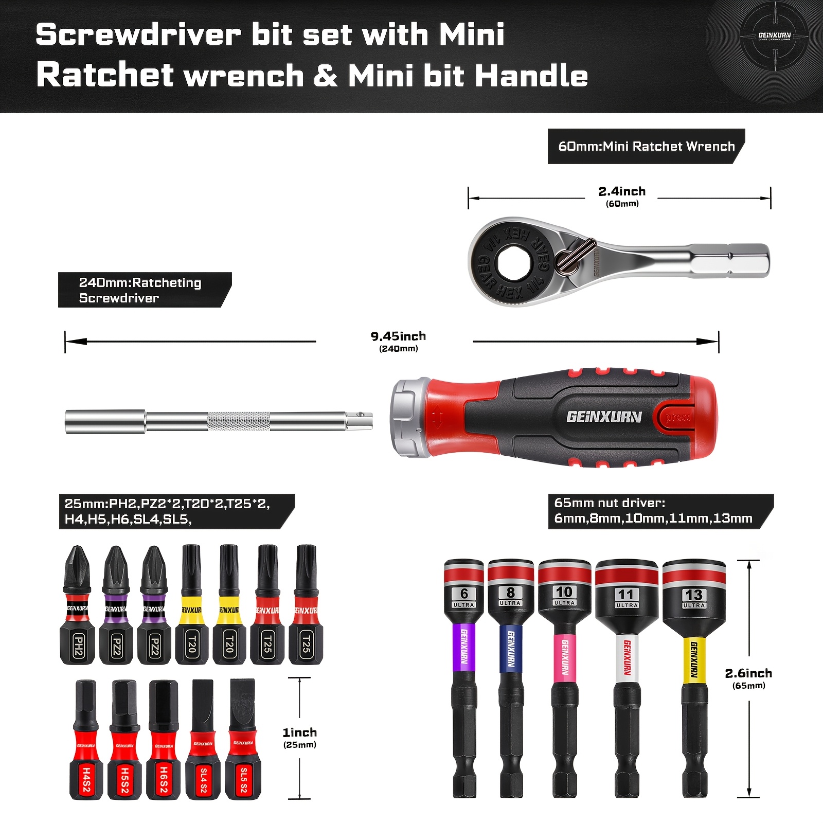 Geinxurn 19pcs Ratchet Screwdriver Set With Magnetic Bit Holder, Ergonomic Handle With Bit Storage, Includes 12pcs Bit Set (ph/pz/torx/hex/sl), Socket Wrench, Mini Ratchet Wrench