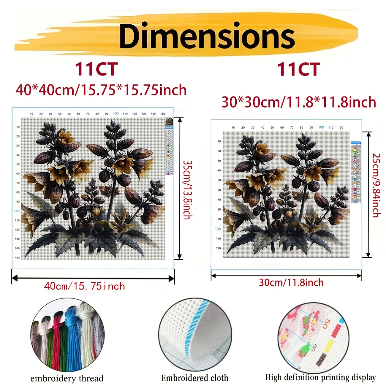 DIY Cross-Stitch Printed Kit, Dark-toned Bell-shaped Flower Pattern