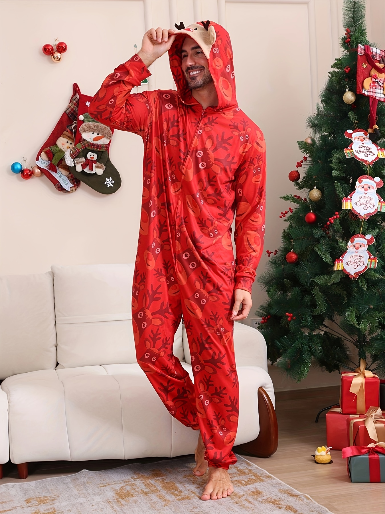 mens christmas themed hooded onesie pajamas polyester knit Temu