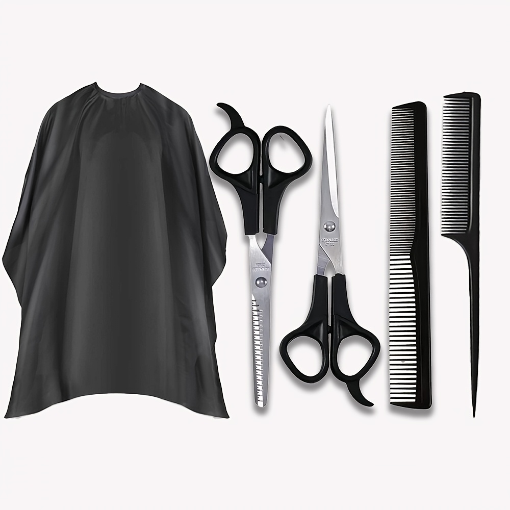 

5pcs Professional Hair Styling Kit With Polyester Cape, Textured Shears, Straight Scissors, Double-head Comb, Tail Comb For Home And Salon Use