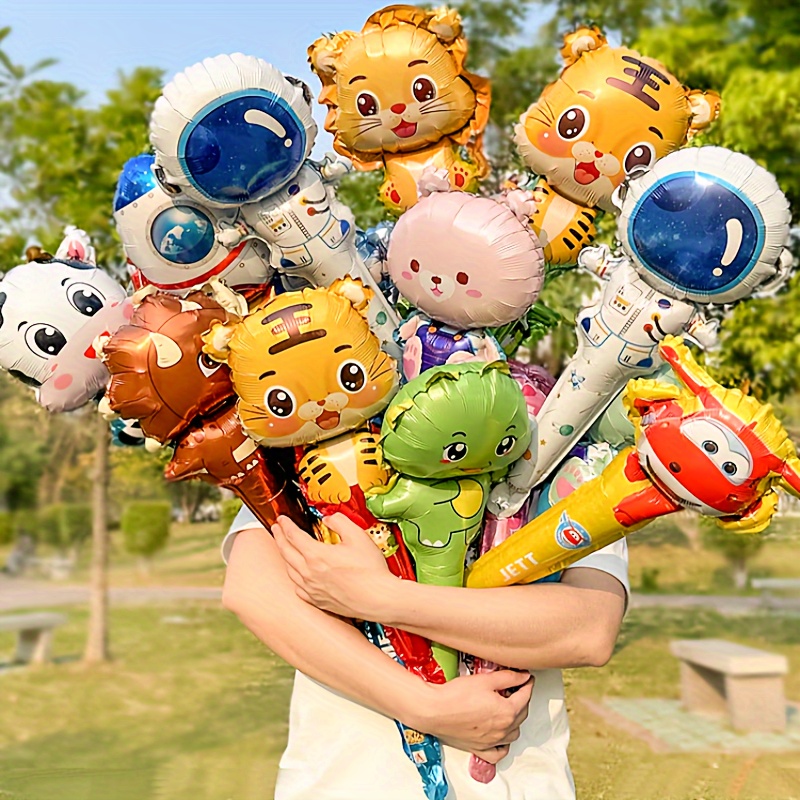 

5pcs-animal Handheld Balloons, Cute Jungle Animal Balloons Dinosaur Party Supplies, Foil Balloons Aluminum Polyester Film Jungle Balloons, Suitable For Birthdays, Jungle Theme Party Supplies