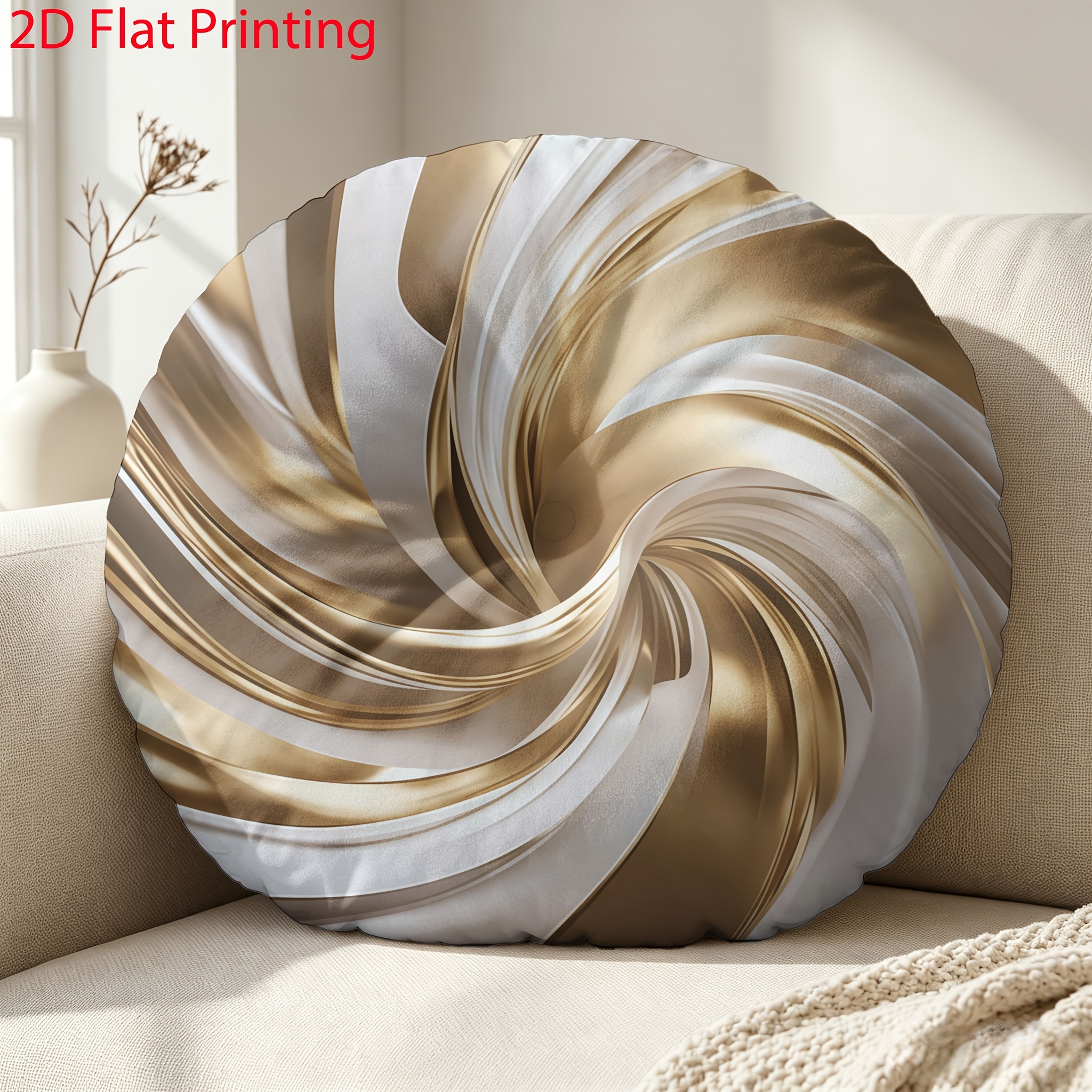 TEMU 1pc Elegant Luxurious Art Swirl Golden Cream Tone Round Throw Pillow, 2d Flat Printing, Thickened Skin-friendly Soft Breathable Comfortable