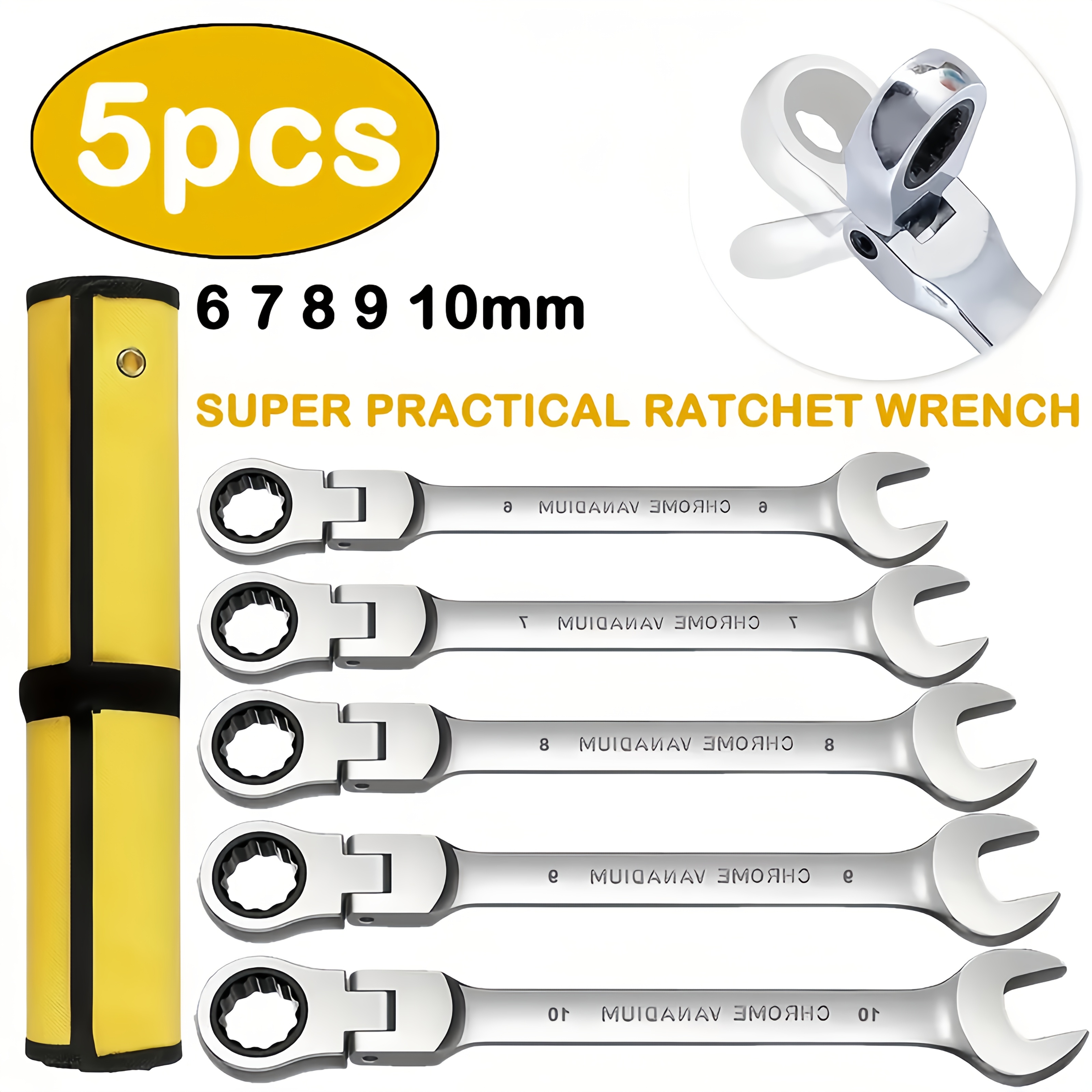 TEMU 5pcs 180° Oscillating Ratchet Wrench Set, Multi-functional Wrench, Metric, 6-10mm, 72-tooth, Steel, With Storage Bag, Suitable For Home,