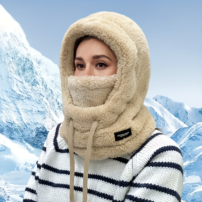 Women's Plush Winter Mask Hat & Scarf - One-Piece Face Cover with Adjustable Drawstring, Elastic Face for Skiing, Cycling, Outdoor Sports - Lightweight Warm Beige/White Hooded Neck Warmer (Hand Wash Only)