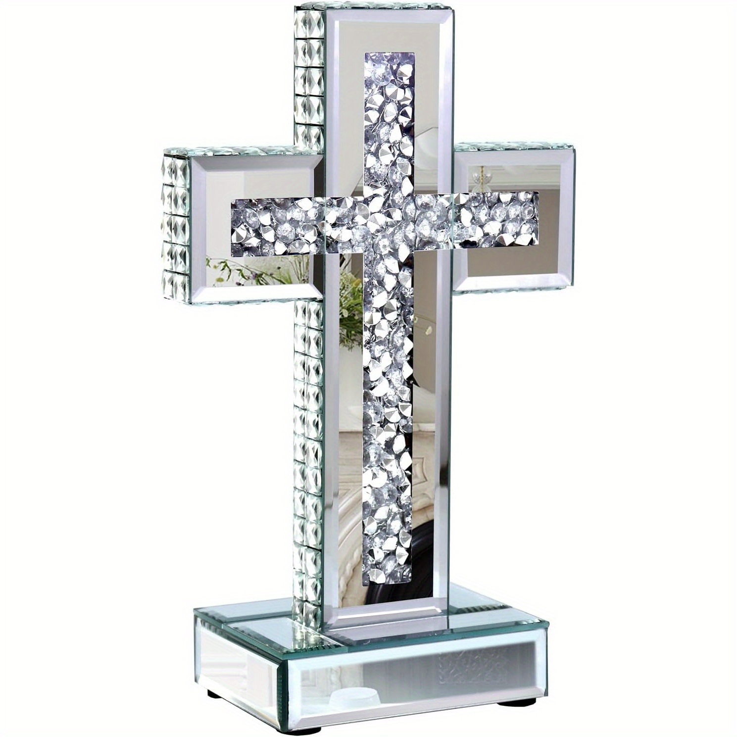 Decorative Cross For Tabletop - Glass Mirror Cross With Crushed Diamonds, Ideal For Home Decoration, Measures 10 X 6 Inches