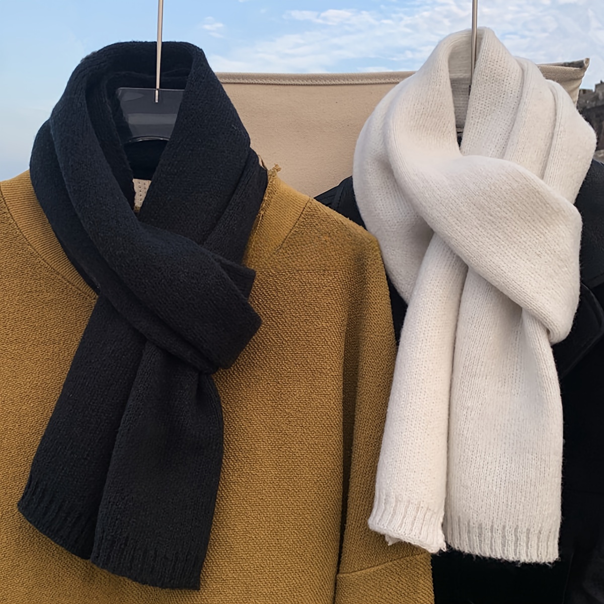 

[popular ] 1pc Solid Color Knit Scarf, 100% Polyester Accessory For Autumn And Winter, Winter Scarf