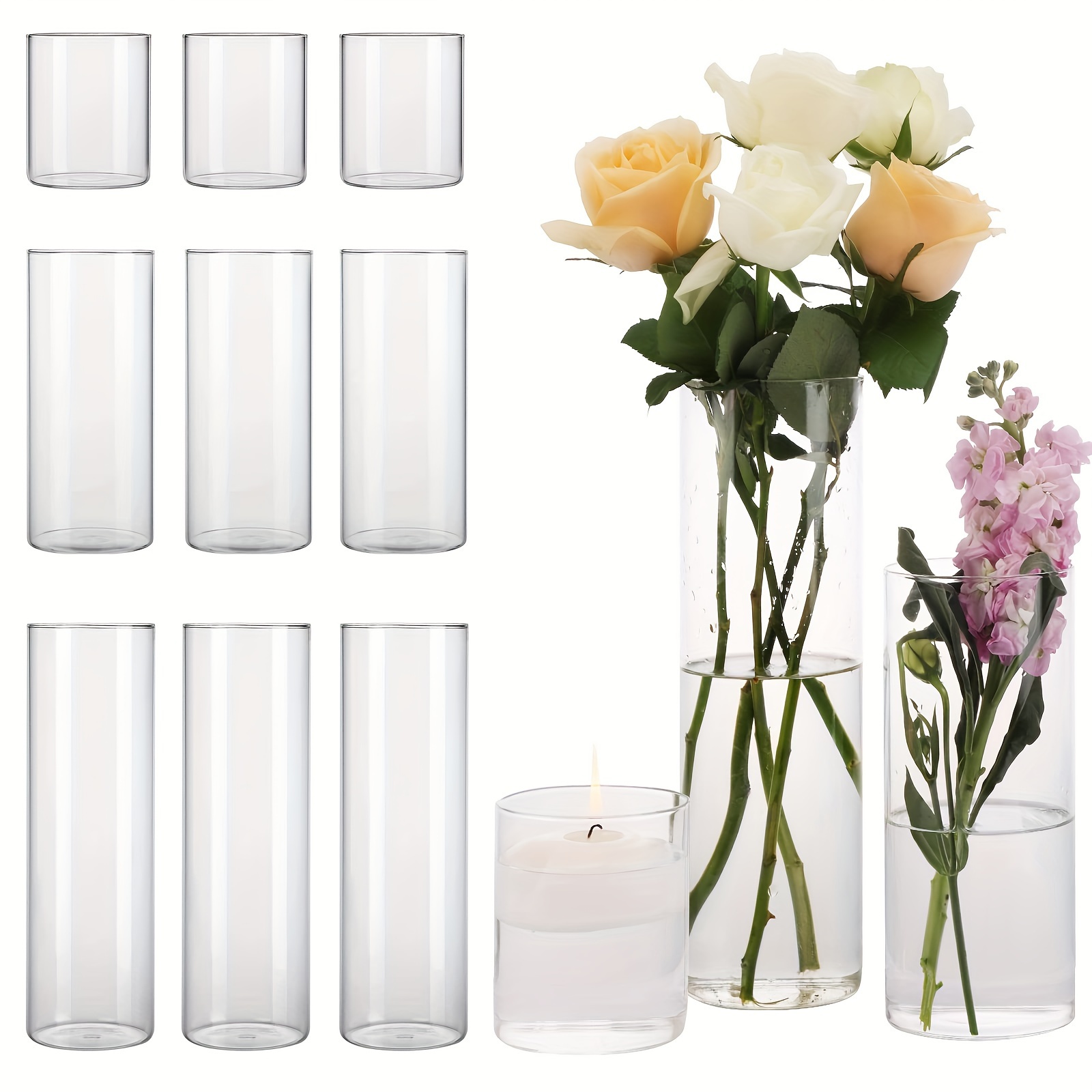 

12 Packs Glass Cylinder Vase, 3.5x4in, 3.5x8in, 3.5x12in Tall Clear Vases For Wedding Centerpieces Flower Vases For Rustic Home Decor Formal Dinners Floating Candle Holder Vase, Christmas Decoration