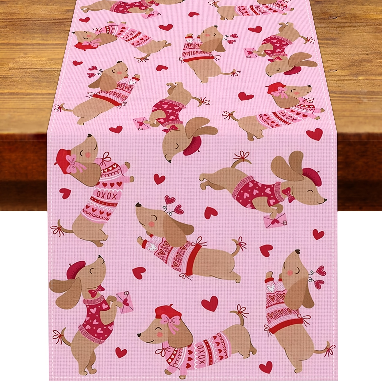 TEMU 1pc Dokriy, Valentine's Day Dachshund Table Runner - Adorable Sausage Dog For Animal Enthusiasts, Romantic Heart-shaped Ornament, Home Kitchen