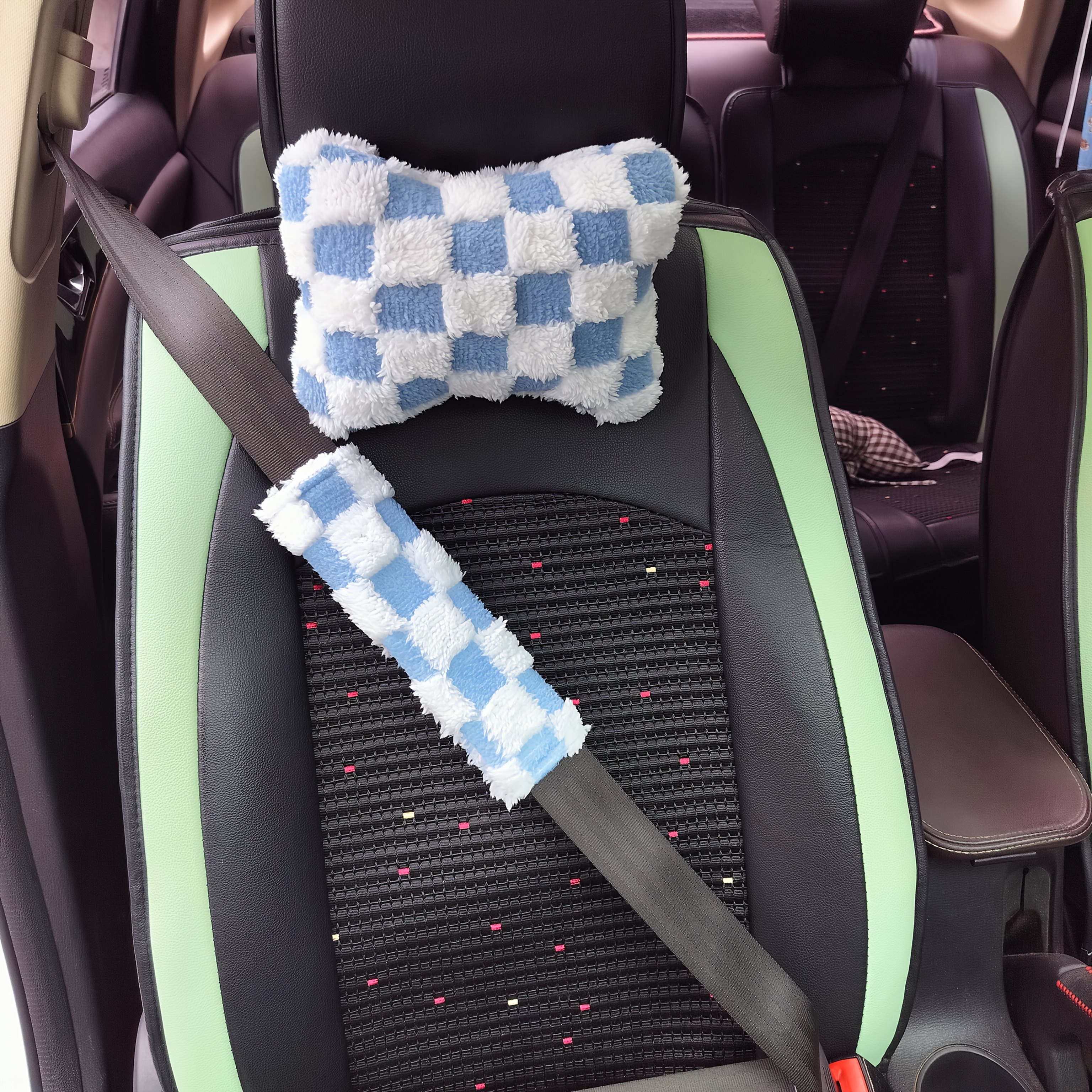 TEMU Plush Checkered Car Headrest And Seat Belt Shoulder Pad Set, Blue White And Black White Available, Fluffy -friendly Breathable, Bone Design