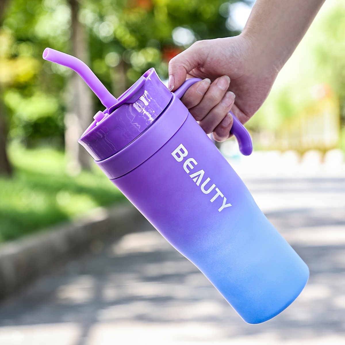 TEMU 1pc, Large Capacity Straw Cup, Plastic Water Bottle With Handle, Reusable Travel Mug For Hot Or Cold Drinks, Perfect For Gym, Outdoors, Car, Holiday Gift, Household Gadgets