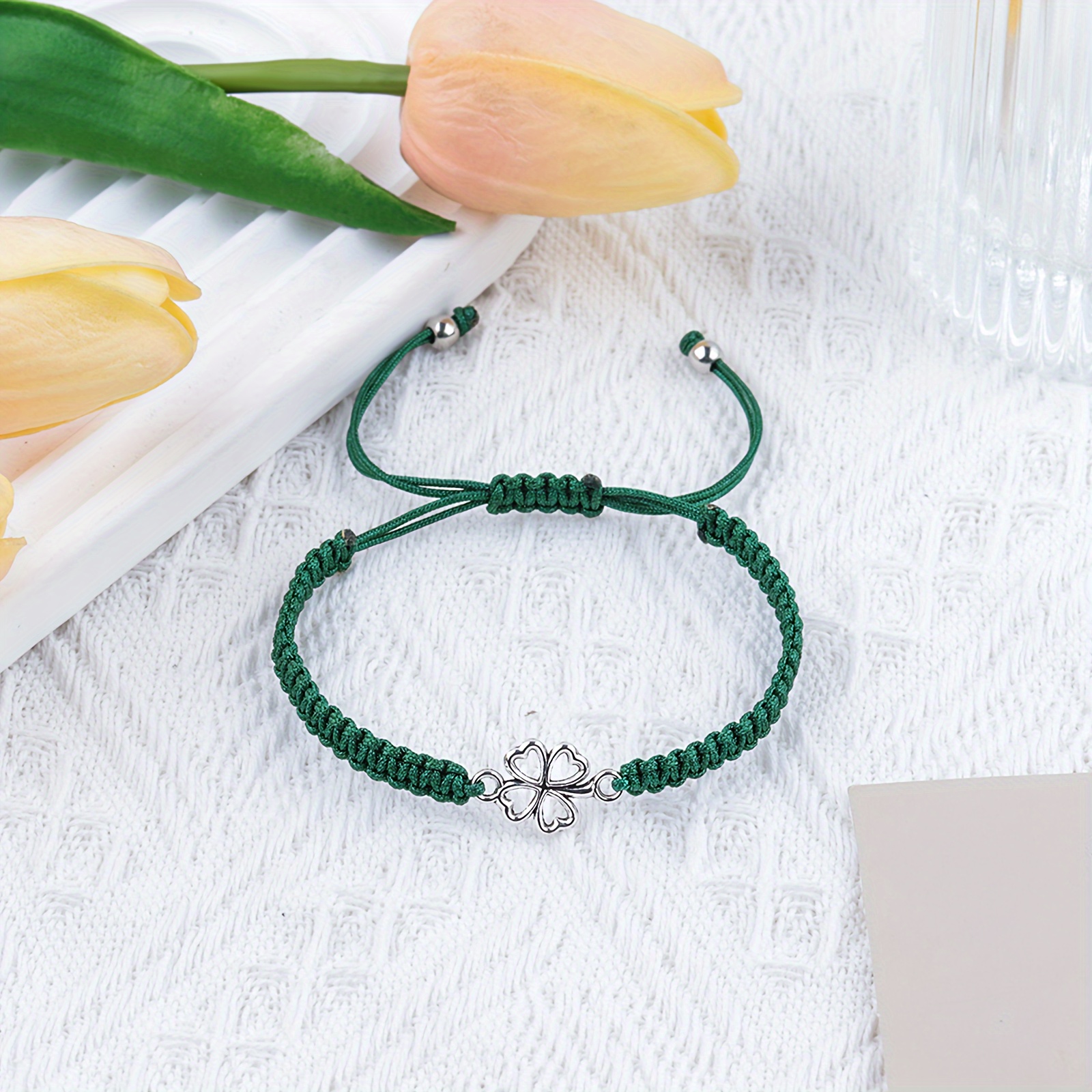 Lucky Four Leaf Clover Adjustable Woven Bracelet, Good Luck