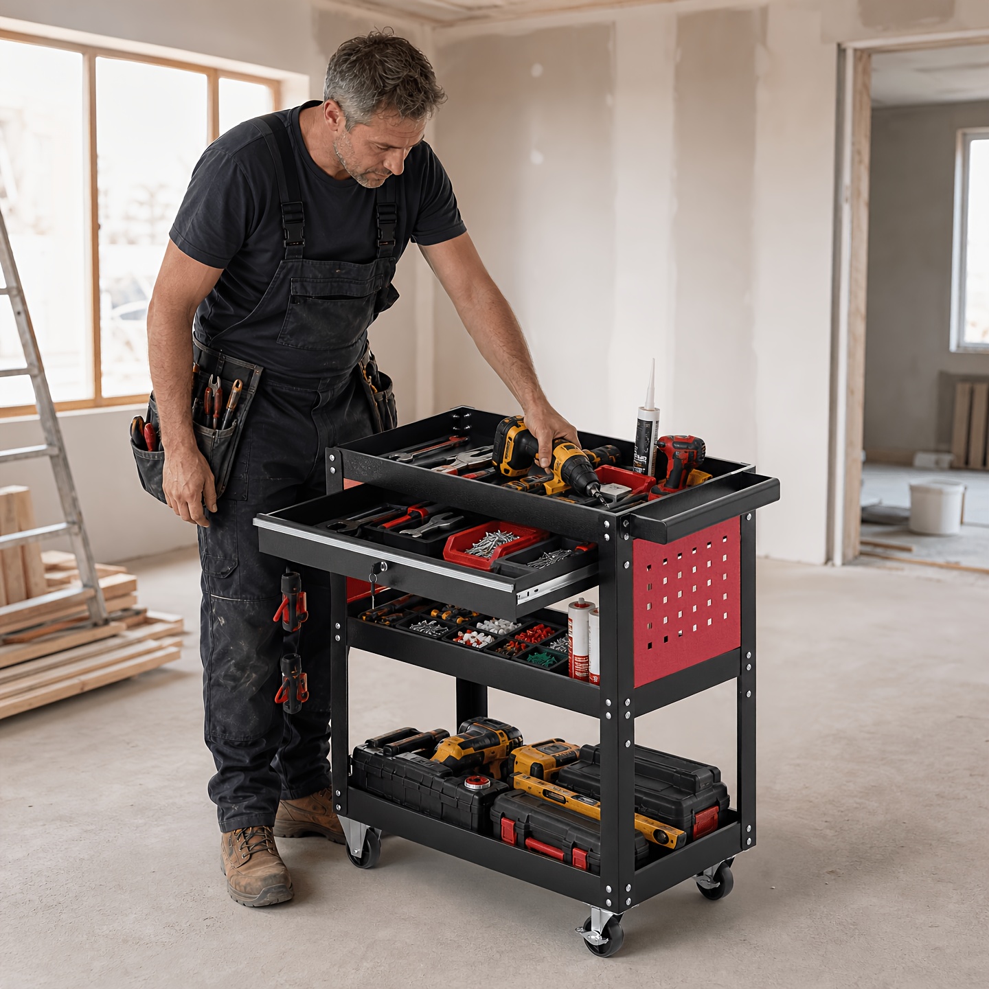 Aluminum Workshop Trolley 3-level Utility Shelves, Lockable Drawer And Pegboard, With Castors, Mechanic's Trolley For Garage, Workshop, And Storage