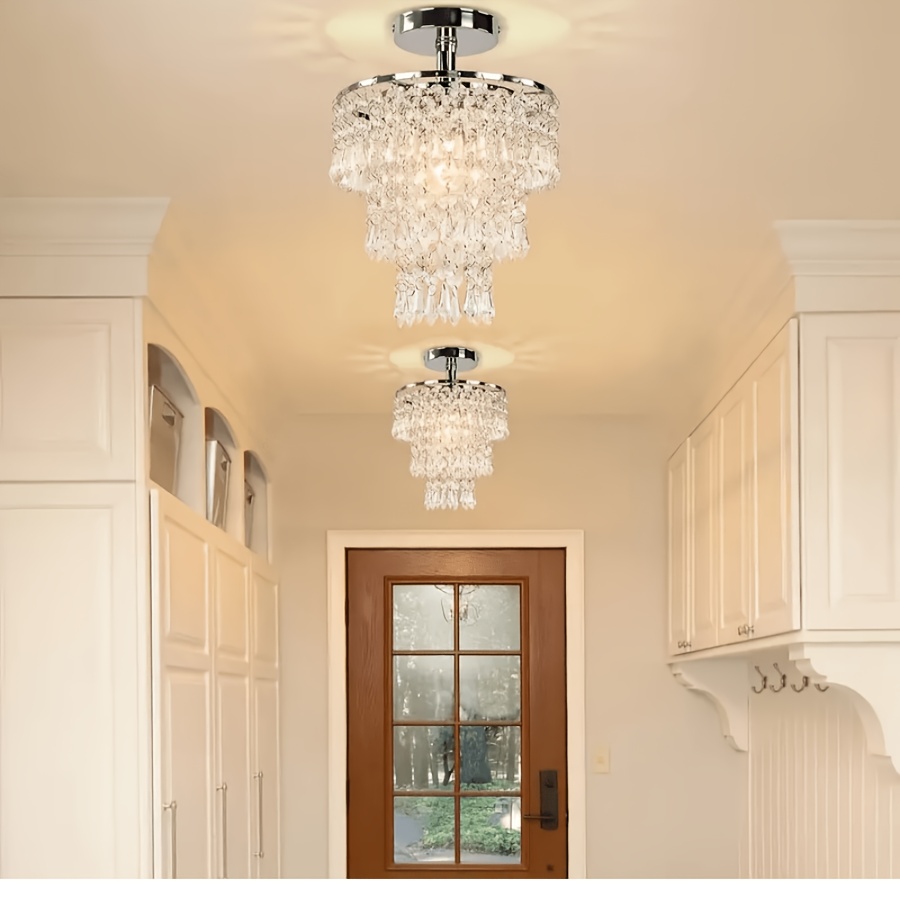 Elegant 1pc Modern Mini Crystal Chandelier - 3-Tier Raindrop Design, Adjustable Metal Ceiling Light for Bedroom, Living Room, Hallway - Semi-Flush Mount, for Switch Control, Crystal Embellished (Light Source Not Included), Ceiling Light for Living Room