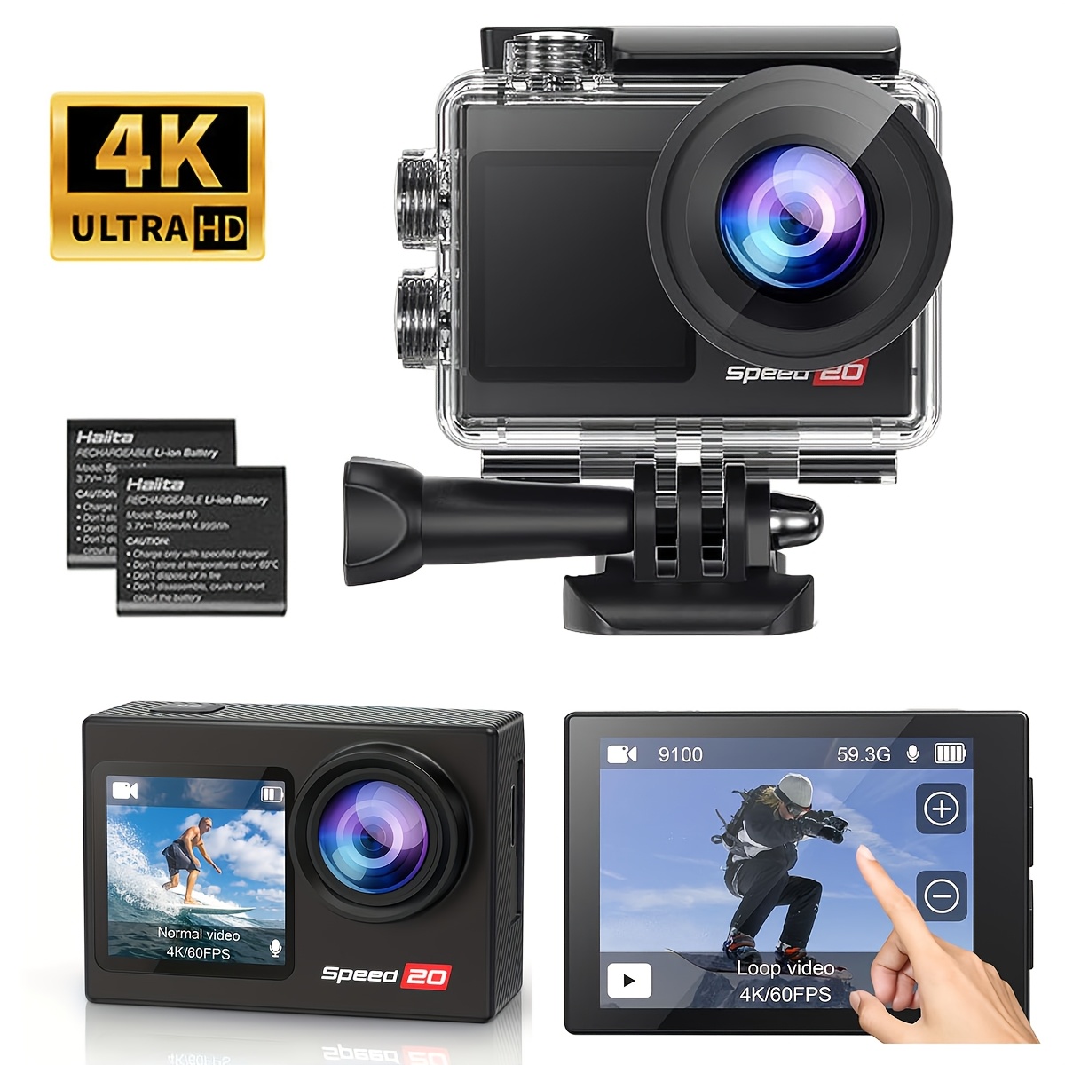 Image of 4k Action Camera, Eis, Wifi Remote Control, 2x Batteries, Waterproof For Snorkeling, Travel, Motorcycle, Bicycle, Helmet Additions Kit