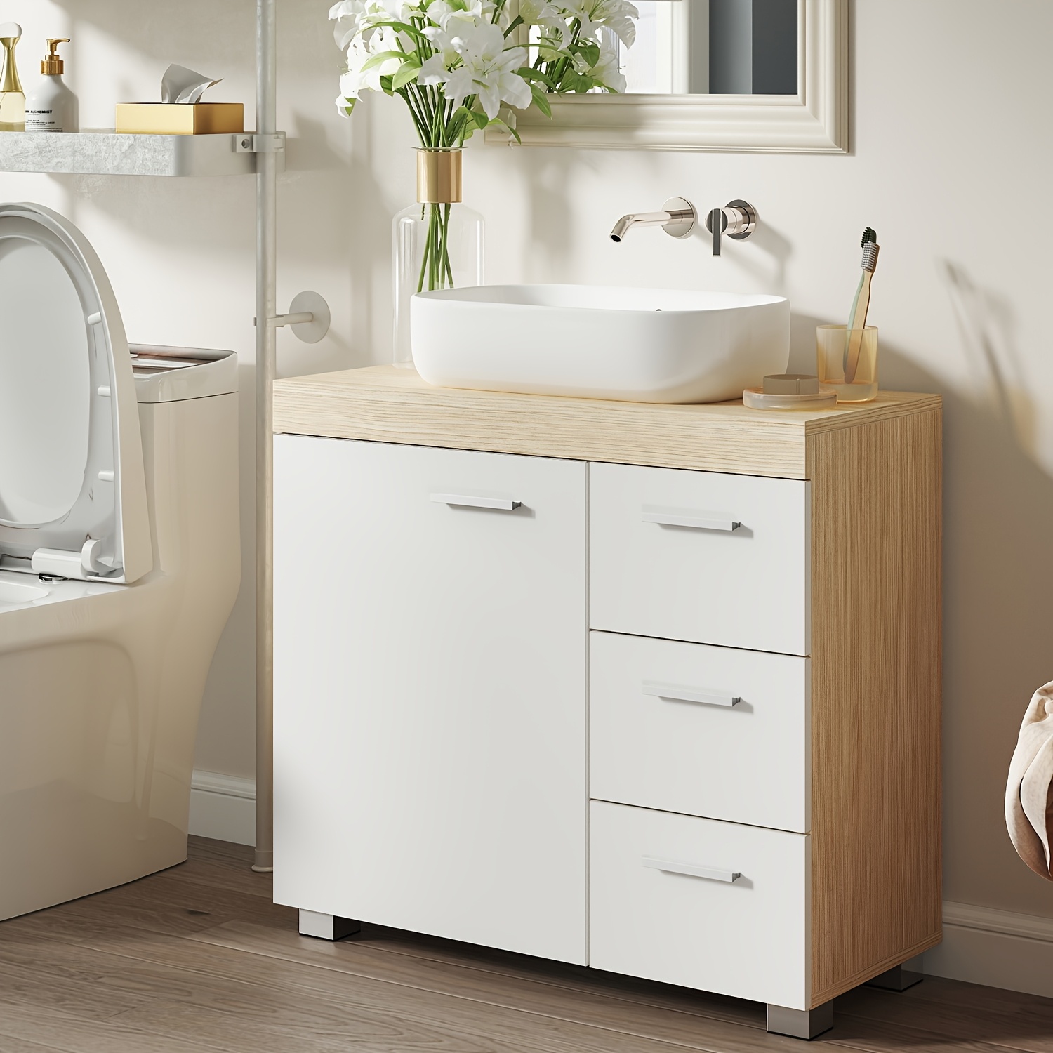 TEMU Under Sink Bathroom Cabinet, Storage Cabinet, With 3 Drawers, 2 Compartments Behind The Door, For Washbasins With Pedestal, With Feet, 30 X 70 X
