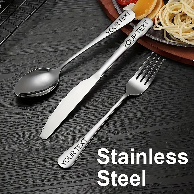 4pcs customized text engraved 3pcs stainless steel cutlery set portable knife and box silvery black essential for couples travel school restaurant lunch box christmas gift Product details 4