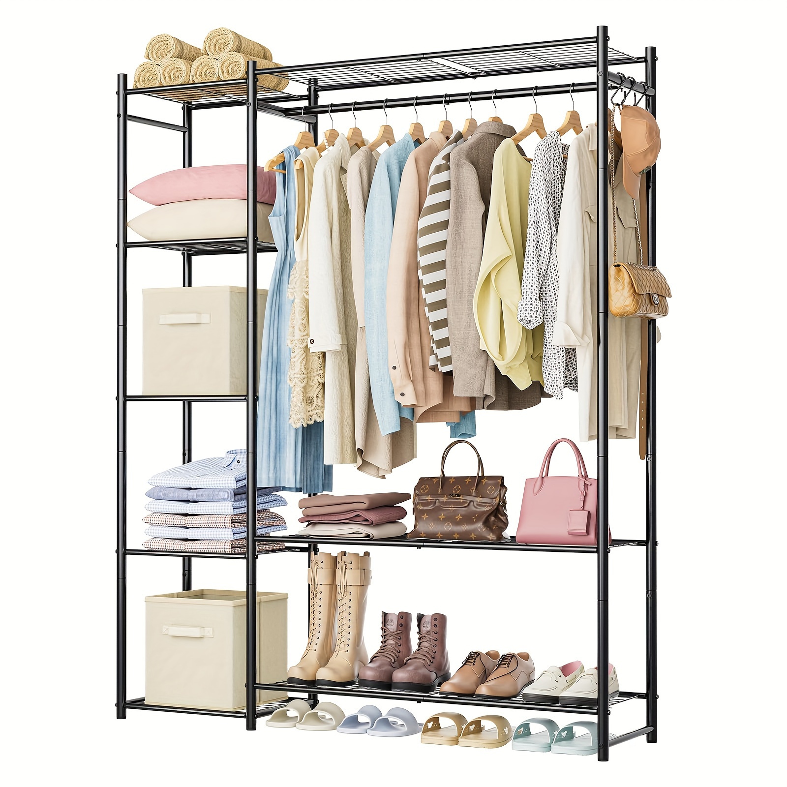 

Clothing Rack With Shelves, Closet Organizers And Storage For Clothes Portable Wardrobe Closet With Closet Rod, Clothes Rack Closet Shelves Garment Rack Rangement Garde Robe