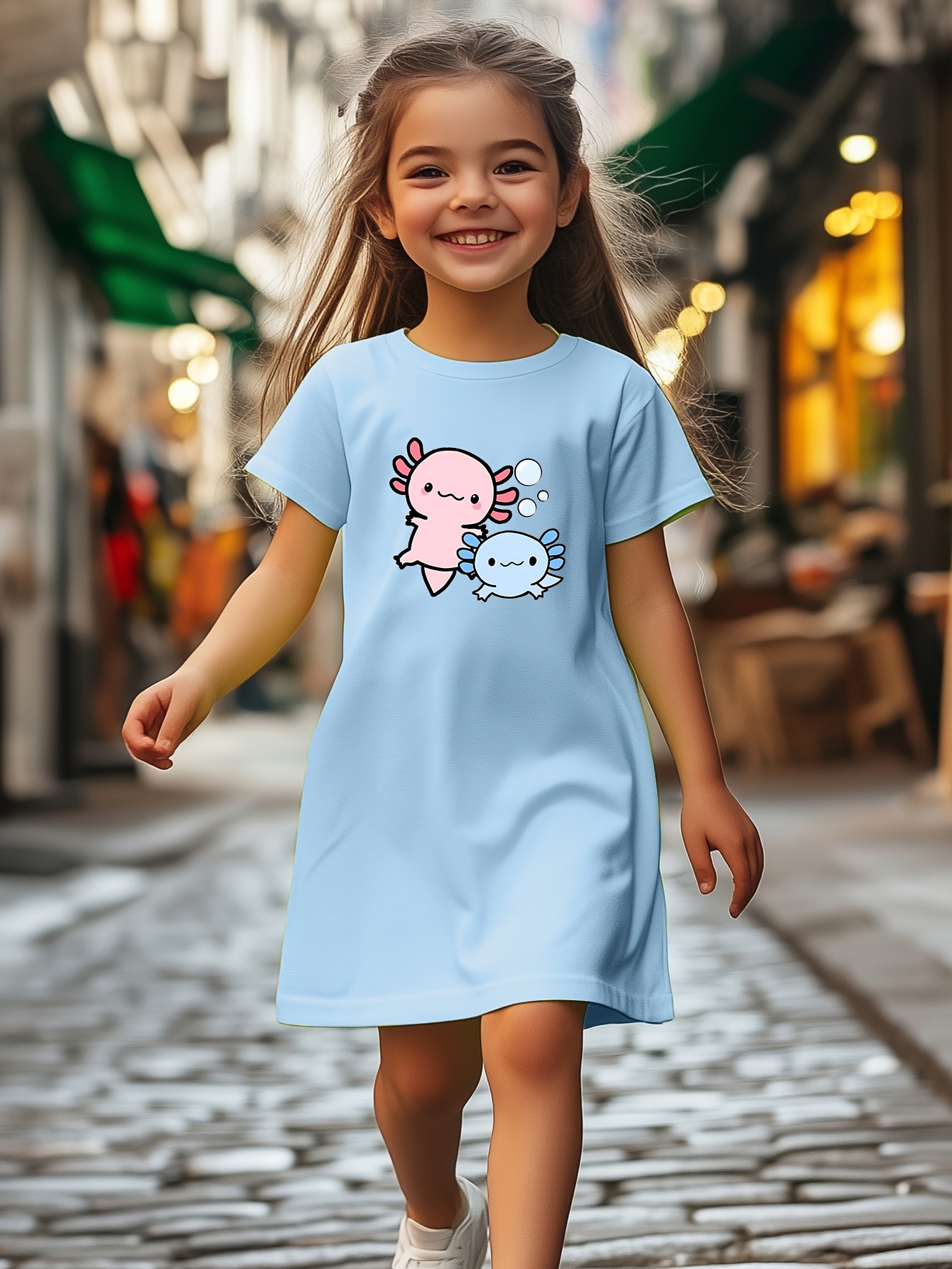 4-7 Year Old Girl Casual Dress with Cute Salamander Print, Spring/*  Polyester Knit Fabric, Medium Stretch, Crew Neck, T Fit, Kids' Fashion *  Lightweight, Versatile for Outdoor, Home, Travel, Birthday ...