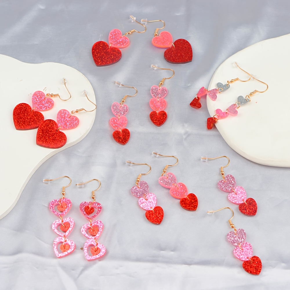 

4 Pairs Valentine's Day Cute & Sexy Acrylic Heart Drop Earrings Set, Pink Romantic Dangle Ear Jewelry, For Women, Ideal Gift For Girlfriend, For Daily & Party Wear, All