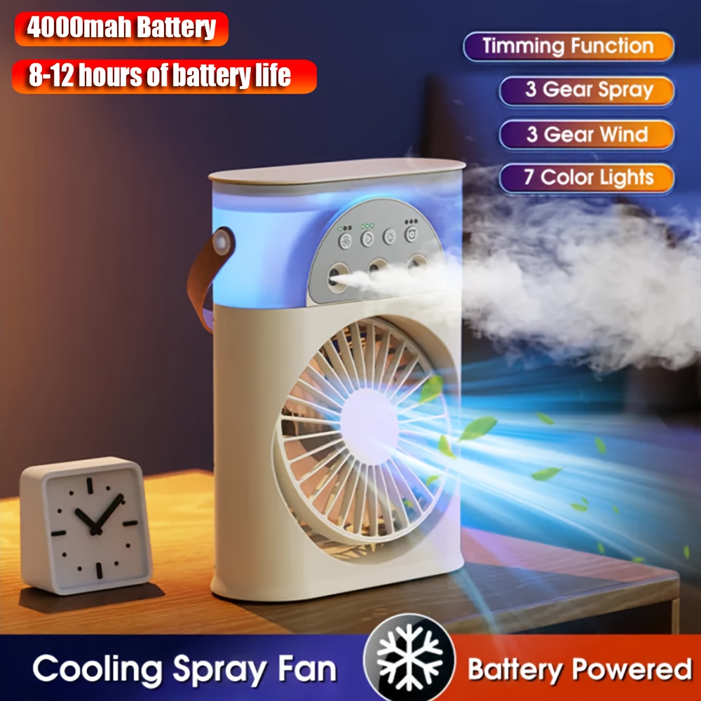 TEMU 2024 4000mah Rechargeable 8 Hour Portable Fan Air Conditioners Electric Fan Household Small Air Cooler Led Night 3 In 1 Air Humidifie For Home