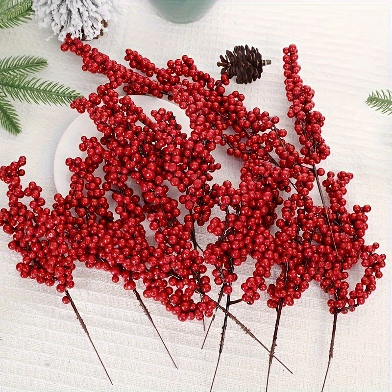 

6 Pcs Artificial Red - Plastic Christmas Tree Berry Stems With - Diy Decorations For Winter Season - Non-electric, Featherless