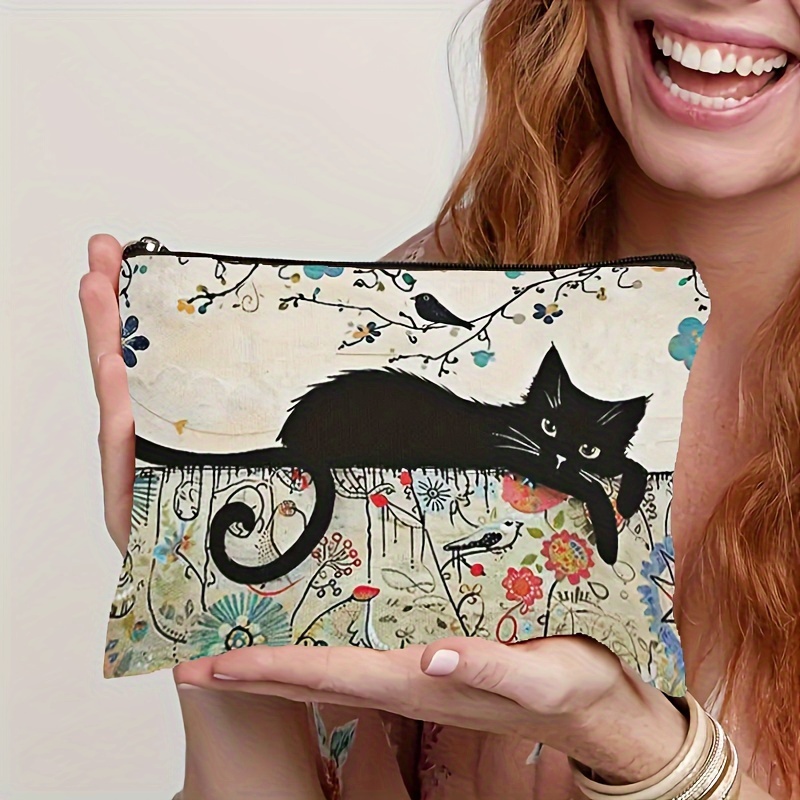 

Vintage-style Canvas Makeup Bag With Zipper Closure, Cute Cat Pattern, And Fade-resistant, Travel, School, Gift