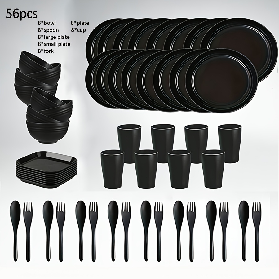 28/56pcs Pp Dinnerware Set, Microwave & Dishwasher Safe Reusable Plates Bowls Cups Forks Spoons, Modern Black Tableware Set For Camping, Picnic, Daily Use