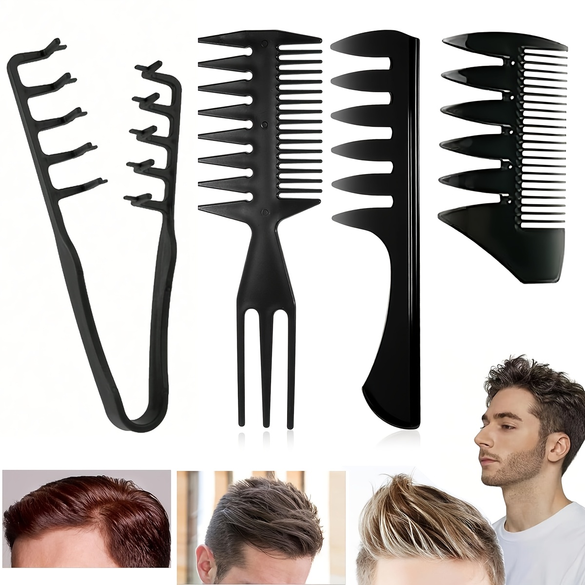 TEMU ヘアコーム 4点セット 男女兼用 - 目が広い理容コーム 両面アフロピック付き、黒のテクスチャーコーム 縮毛/ウェーブヘア・ひげのグ・編み込み・ドレッドヘアケア用 - プロのヘアスタイリストツール