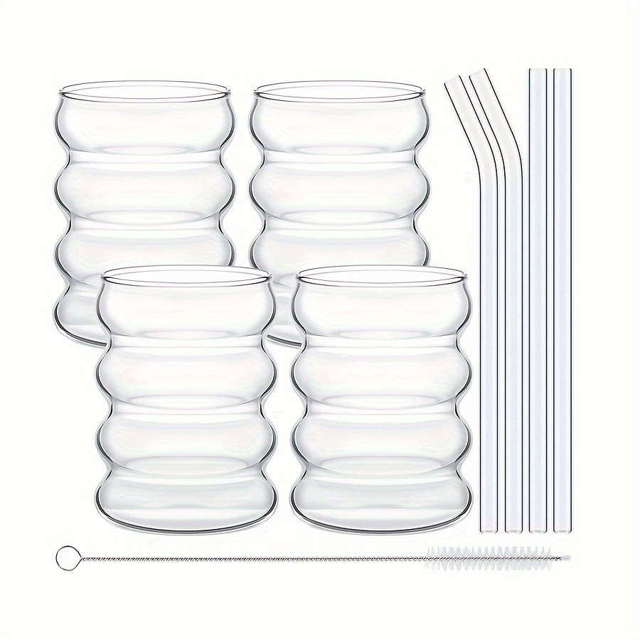E-shop 2/4/6 Stück 350ml/11.8oz Hochborosilikatglas-Kaffeetassen mit Trinkhalmen, Wellenförmige Vintage-Trinkgläser Matcha-Tassen Klare Ästhetische