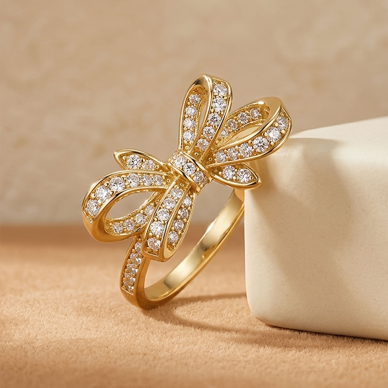 Unisex Exquisite Bow-Shaped Ring with Sparkling Synthetic Zircon