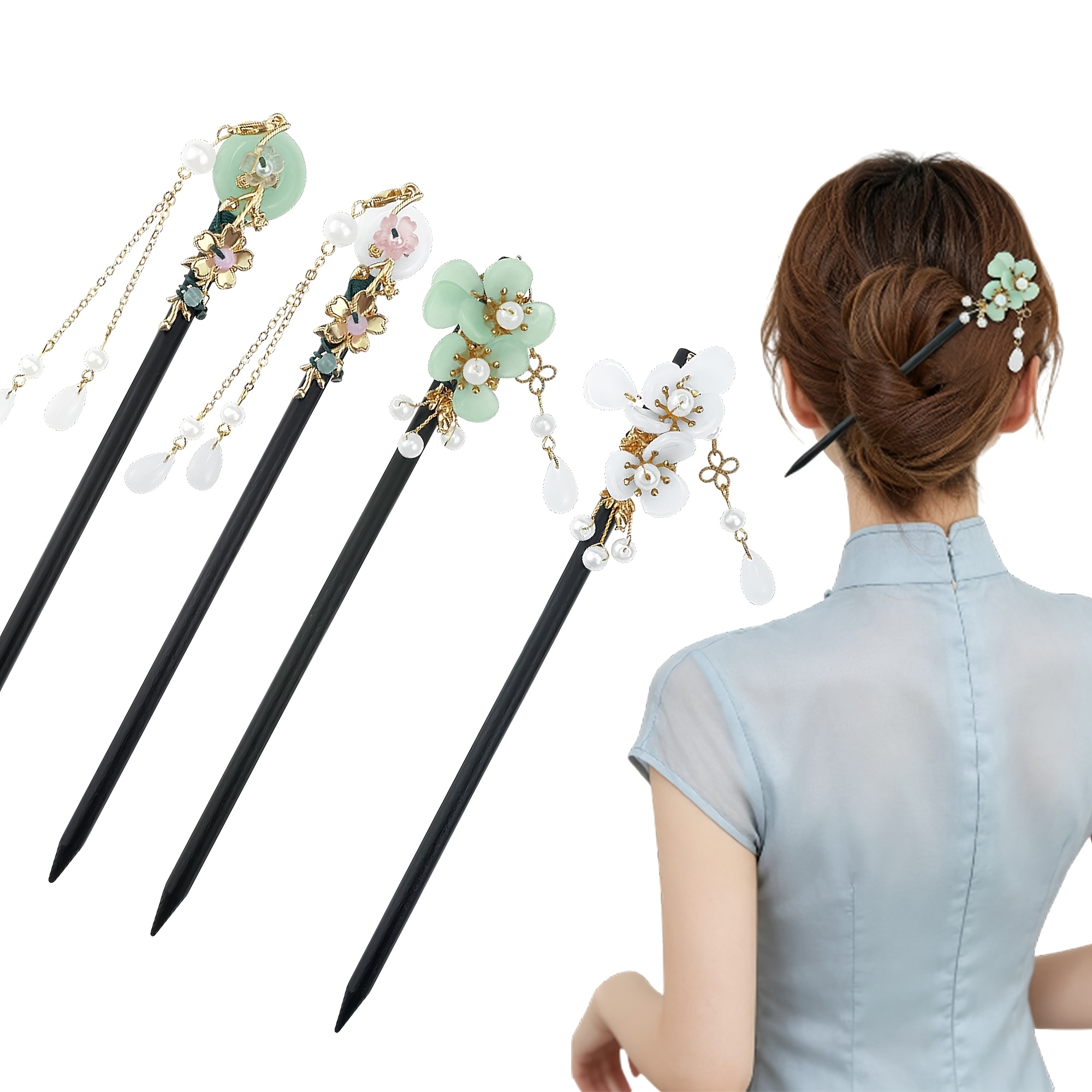 TEMU 4pcs Vintage Wooden Flower Hairpins, Traditional Chinese Hair Ornaments For Hanfu And Cheongsam, Elegant Tassel Additions, Classic Long Hair