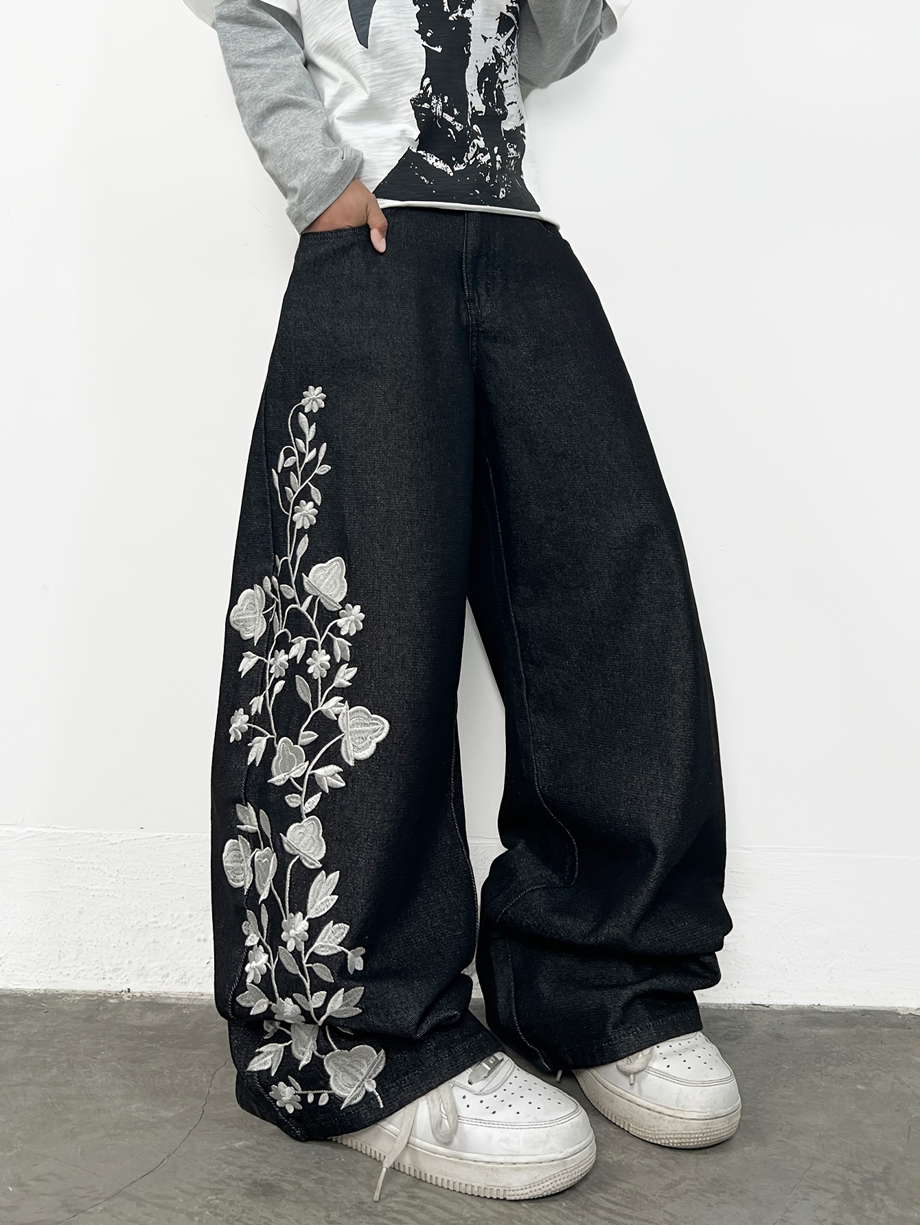 Washed Black Loose-Fitting Casual Jeans, Unisex Y2K Style